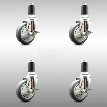 Service Caster 4 Inch 316SS Thermoplastic Rubber Swivel 1-5/8 Inch Stem Caster Set Brake SCC SCC-SS316EX20S414-TPRB-TLB-158-4